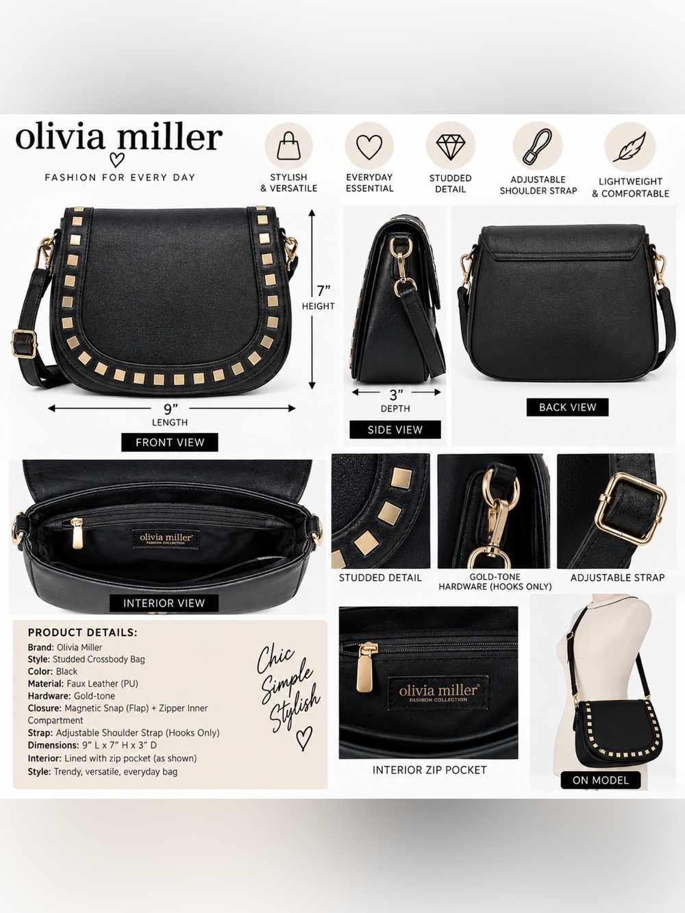OLIVIA MILLER STUDDED CROSSBODY PURSE - BLACK (NEW WITH TAGS) A29